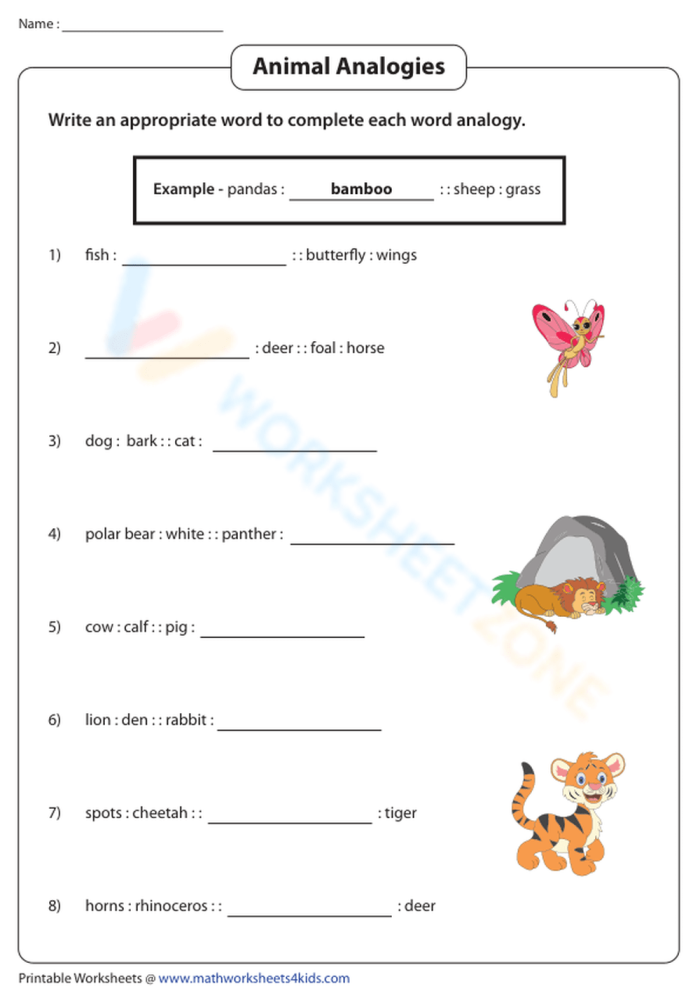 Analogies worksheet for third graders featuring comparisons between unlike things