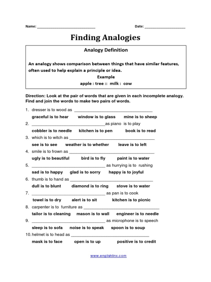 Third grade reading worksheet for practicing analogies and identifying relationships between words
