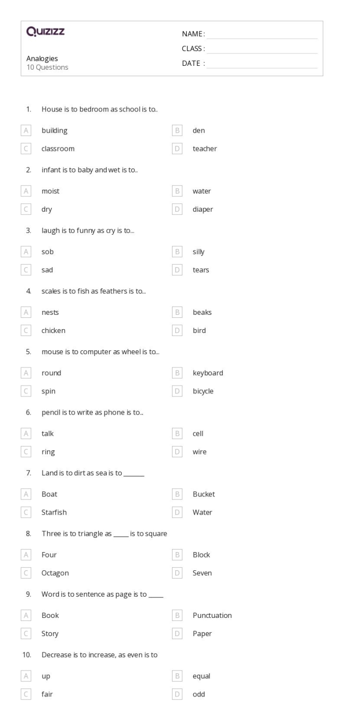 Analogies worksheet for third graders featuring comparisons between unlike items