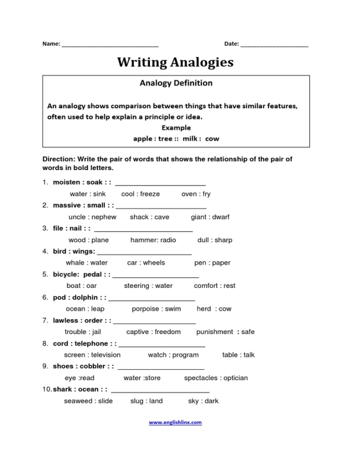 Analogies worksheet designed for third graders to compare unlike things and enhance reading skills