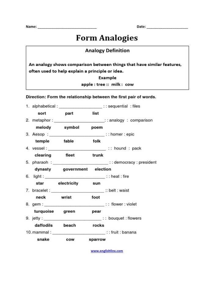 Third grade reading worksheet featuring colorful examples for practicing analogy skills