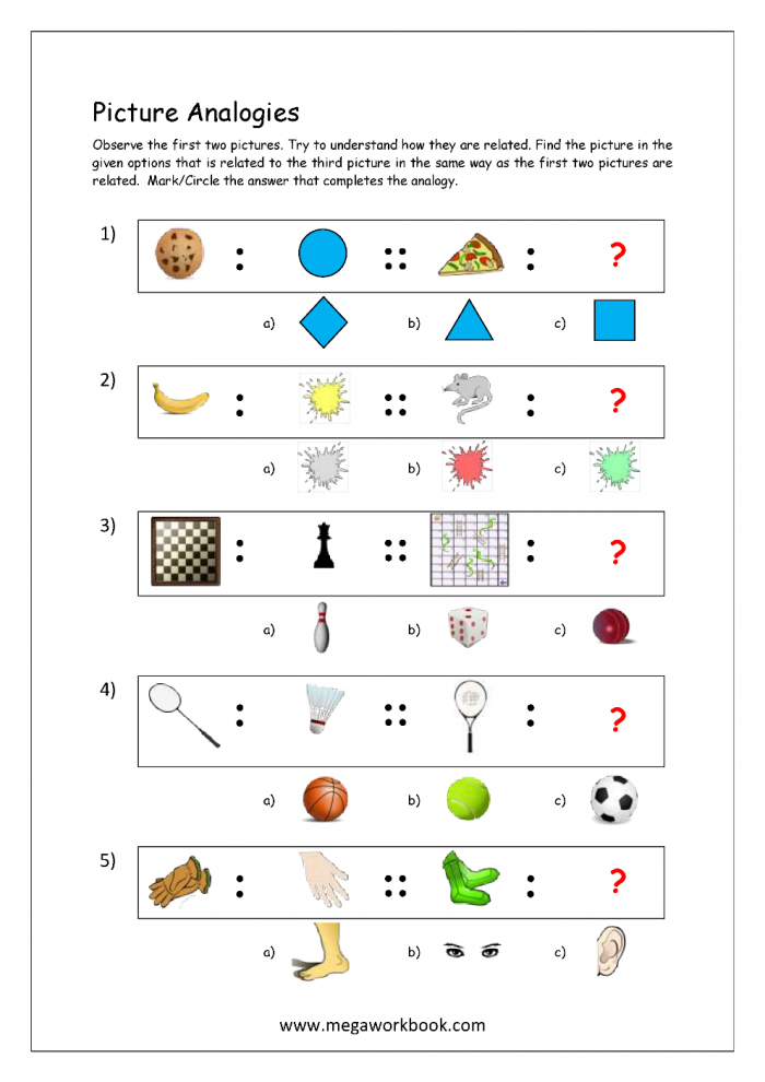 Analogies worksheet for third graders featuring comparisons between unlike things
