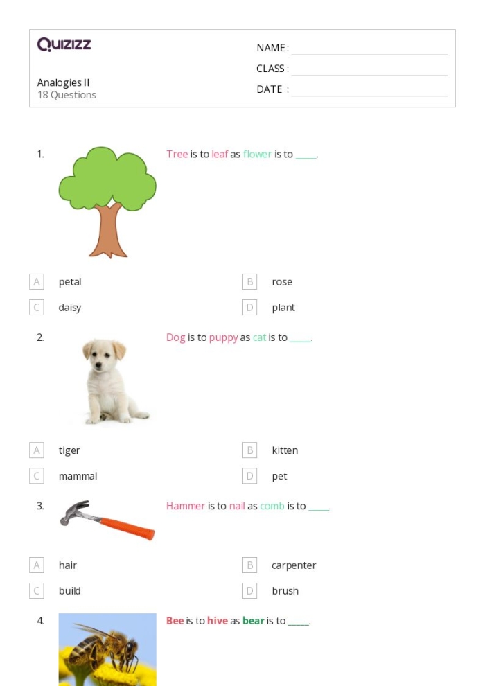 Working with Analogies Practice Activity for Elementary Math Students Third grade decimals worksheet showing word analogy exercises for students to practice identifying relationships between words and their meanings