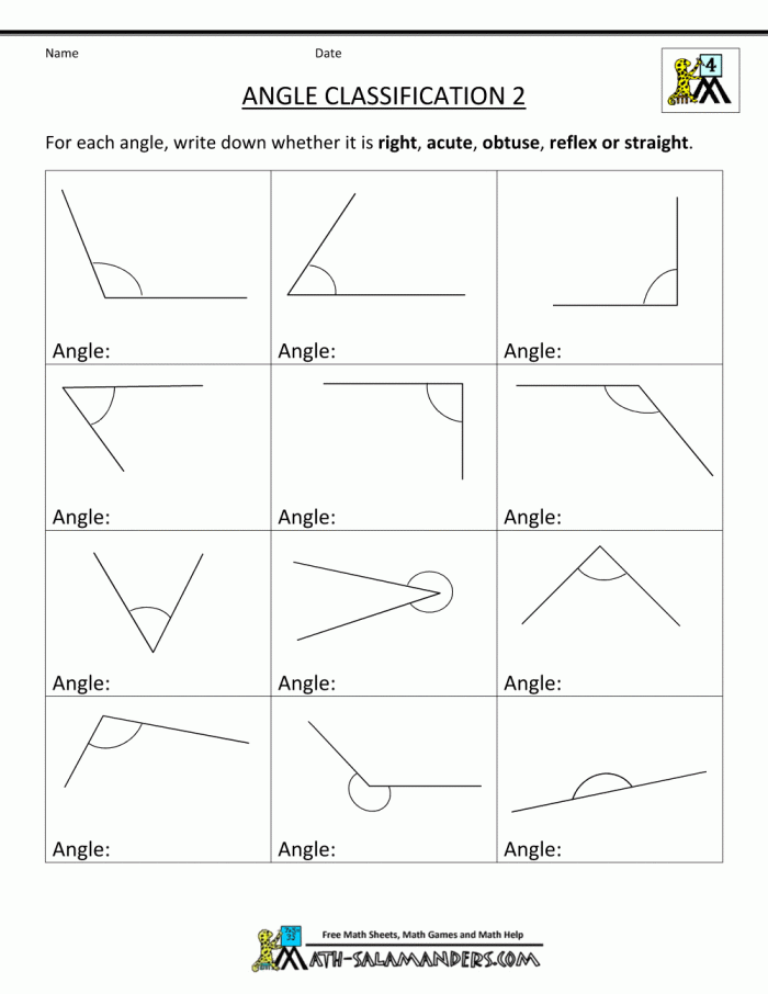 Phonics worksheet for Third Grade Students working on the Geometry: Name That Angle! worksheet to identify different types of angles. Third grade math activity focusing on right, acute, and obtuse angles.