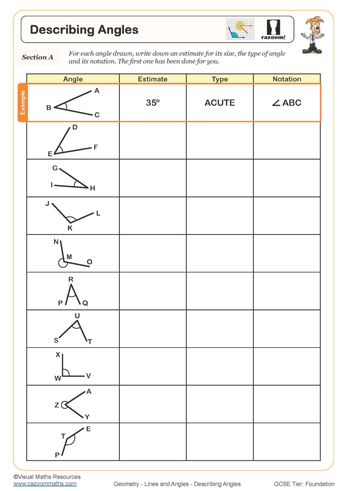 Worksheet showcasing various types of angles for third-grade geometry practice
