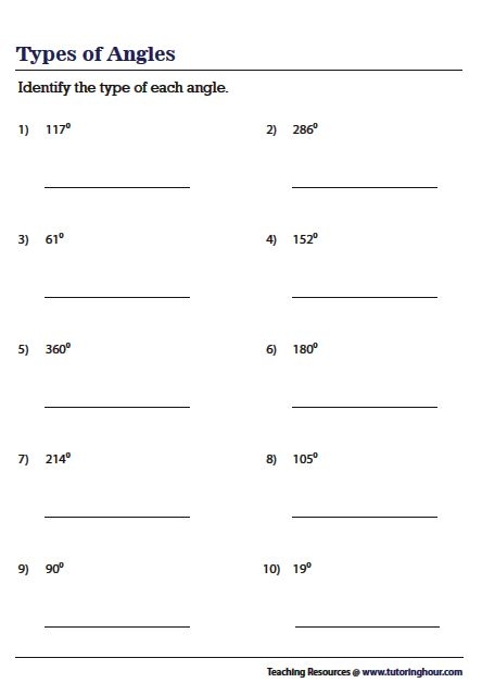 Worksheet featuring various types of angles for third-grade students