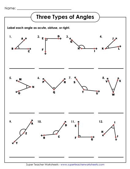 Worksheet featuring various types of angles for third-grade geometry practice