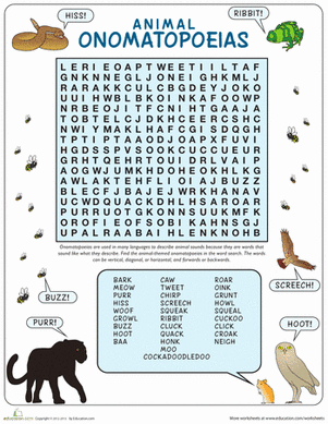 Explore sounds made by animals with this engaging animal onomatopoeias worksheet Worksheet featuring a puzzle for animal onomatopoeias designed for third graders