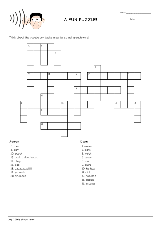 Engaging worksheet to explore sounds made by various animals Animal onomatopoeias worksheet featuring a fun puzzle for third graders