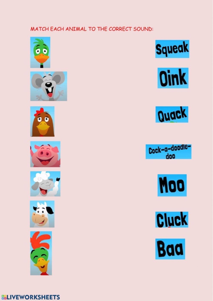 Discover the sounds of animals in this engaging onomatopoeia activity for young learners Animal Onomatopoeias worksheet featuring a fun puzzle for third graders to find animal sound words
