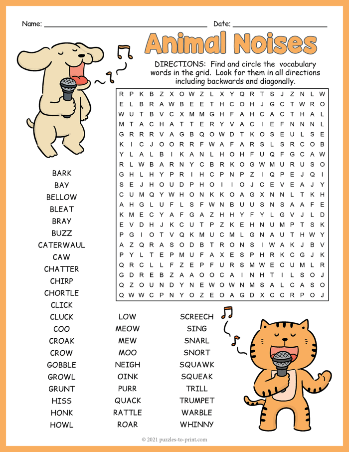 Engaging search puzzle to learn about animal sounds and onomatopoeias for third-grade students Animal Onomatopoeias worksheet featuring a puzzle for third graders to explore animal sounds