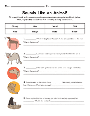 Fun search puzzle to explore animal sounds through onomatopoeic words for kids Animal onomatopoeias worksheet for third graders featuring a puzzle to find sounds made by animals