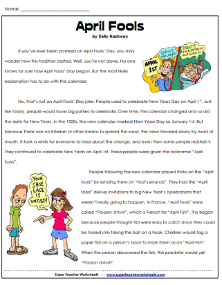 April Fools' Day Hoaxes worksheet for third graders featuring six famous pranks