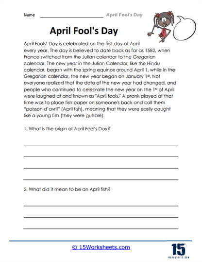 Third grade geometry worksheet about April Fools' Day history with reading comprehension activities and fun facts about pranks