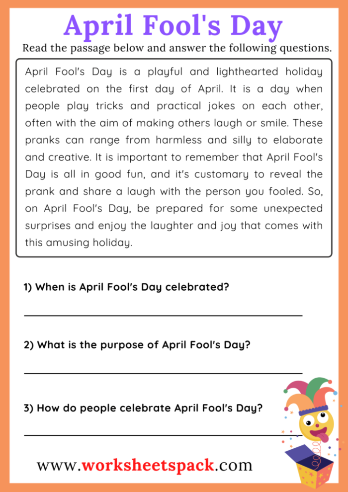 Third grade student completing an April Fools Day history reading worksheet about geometry shapes