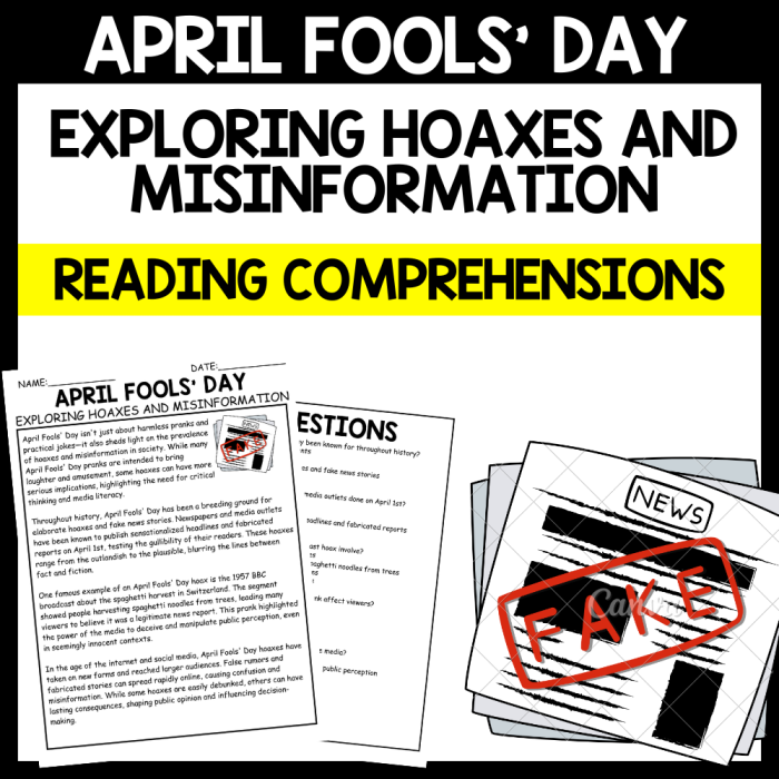 Worksheet featuring reading activities on April Fools' Day hoaxes for third graders