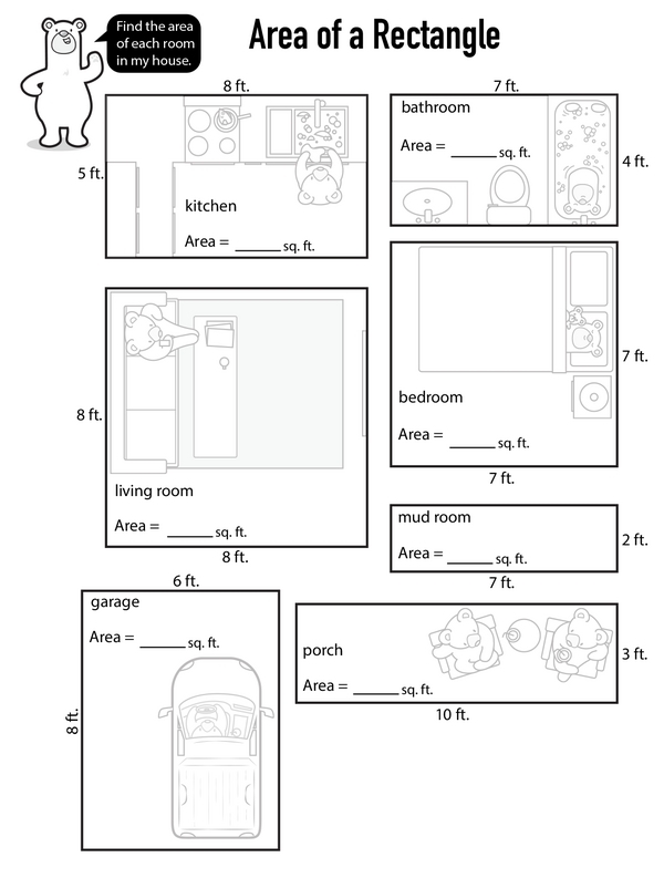 Worksheet featuring calculations for the area of rectangular rooms