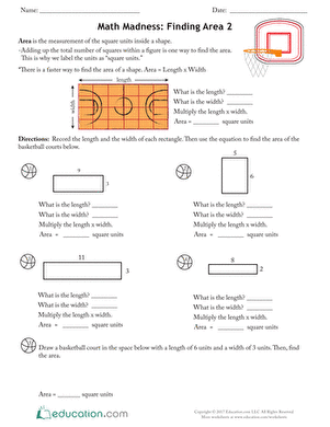 Third grade students calculating area of basketball courts in Math Madness worksheet exercise 9