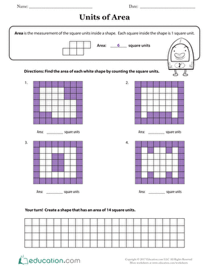 Units of Area Worksheet for Third Grade Students Worksheet for calculating area using unit squares in a geometry lesson