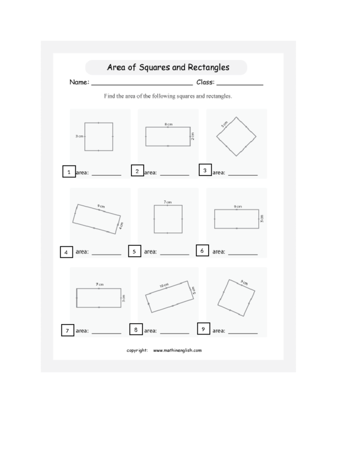 Third Grade Geometry Worksheet: Units of Area - Image 18 Illustration of a Units of Area worksheet designed for third graders to practice calculating area using unit squares