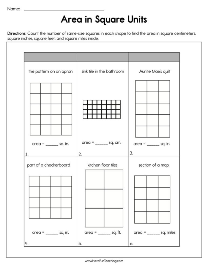 Units of Area Worksheet for Building Geometry Skills Third-grade students calculating area by counting unit squares on a geometry worksheet