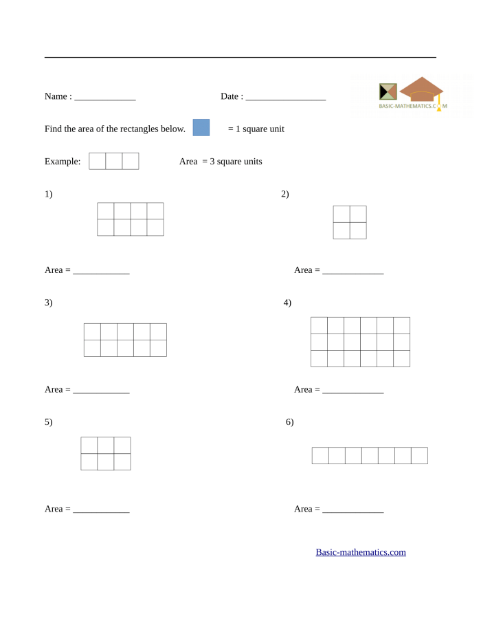 Units of Area Worksheet for Geometry Learning Worksheet for calculating area using unit squares for third graders