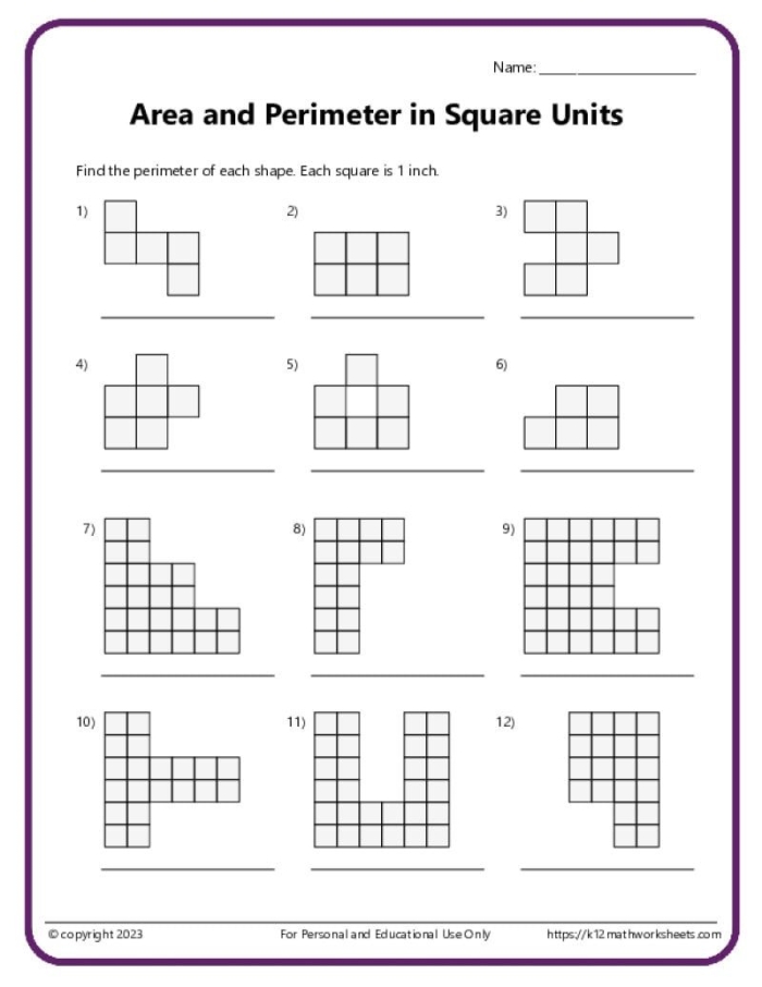 Third Grade Units of Area Worksheet for Time and Money Students calculating area using unit squares on a geometry worksheet