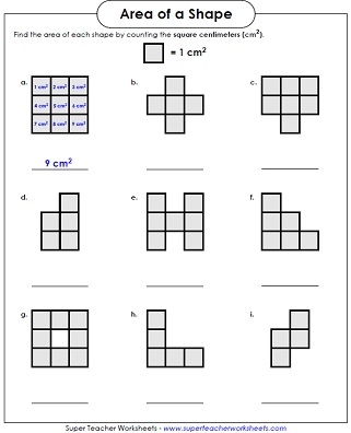 Worksheet showing students counting unit squares to find the area of various shapes