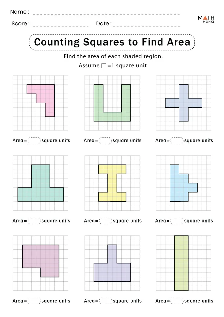 Worksheet for counting unit squares to find area of shapes