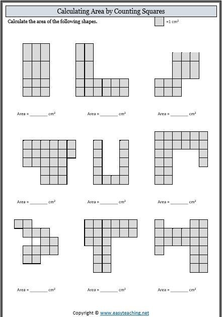 Worksheet image for learning about area calculation in shapes Third-grade geometry worksheet for counting area using square units