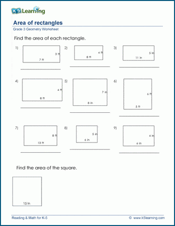 Third grade student calculating the area of rectangular floor plans on a math worksheet