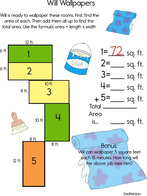 Everyday Area Worksheet Number 19 for Third Grade Writing and Geometry Third grade math worksheet for calculating everyday area using multiplication and addition methods