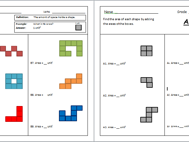 Everyday Area worksheet image 12 demonstrating how to find area by counting and multiplying units Third grade math worksheet showing area calculation methods using unit squares and multiplication for everyday objects