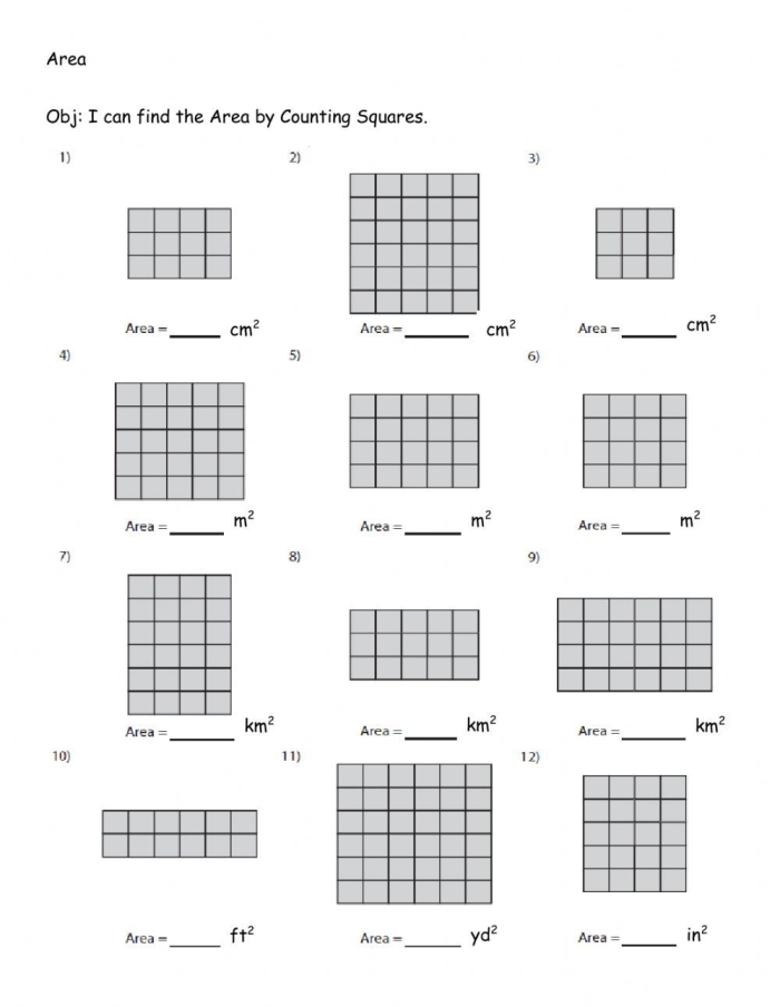 Area worksheet featuring unit squares for counting shapes in geometry