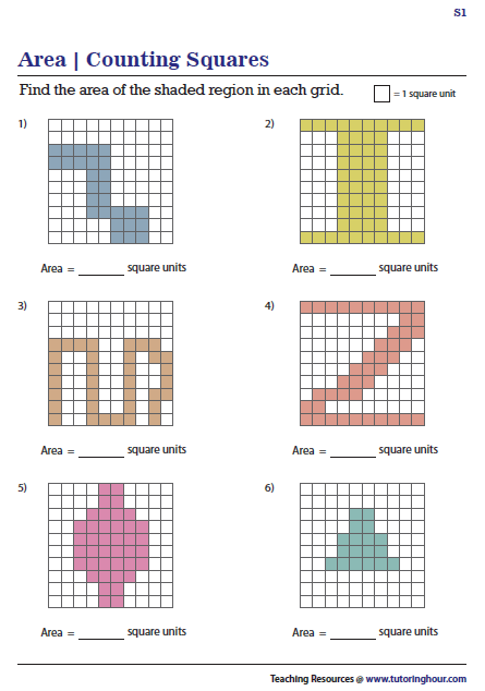 Counting unit squares to find area in a third-grade geometry worksheet