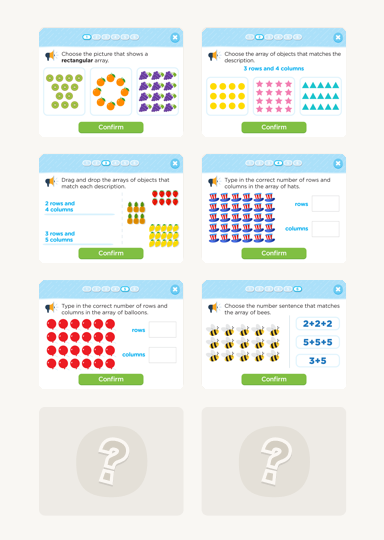 Engaging visual for practicing algebra with arrays and equations Colorful worksheet featuring matching arrays to equations for third graders