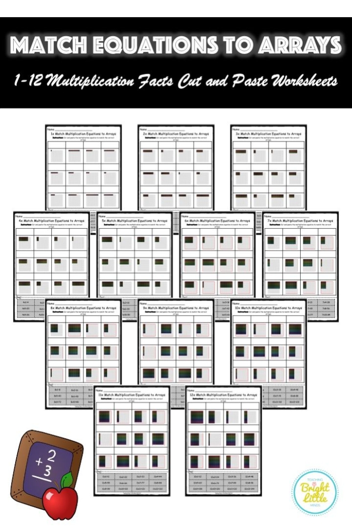 Educational activity for third grade students to practice matching arrays to equations Array and equation matching worksheet for third graders showing visual representations and corresponding equations