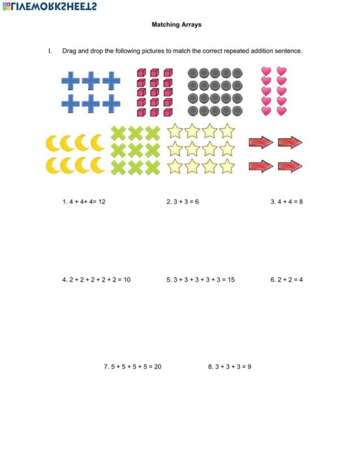 Visual guide for matching equations with corresponding arrays in algebra practice Worksheet displaying the Matching Arrays to Equations activity for third graders
