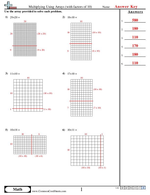 Third grade math worksheet for matching visual arrays to multiplication equations