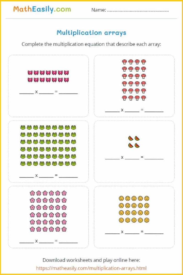 Third grade math worksheet featuring array matching exercises for place value practice