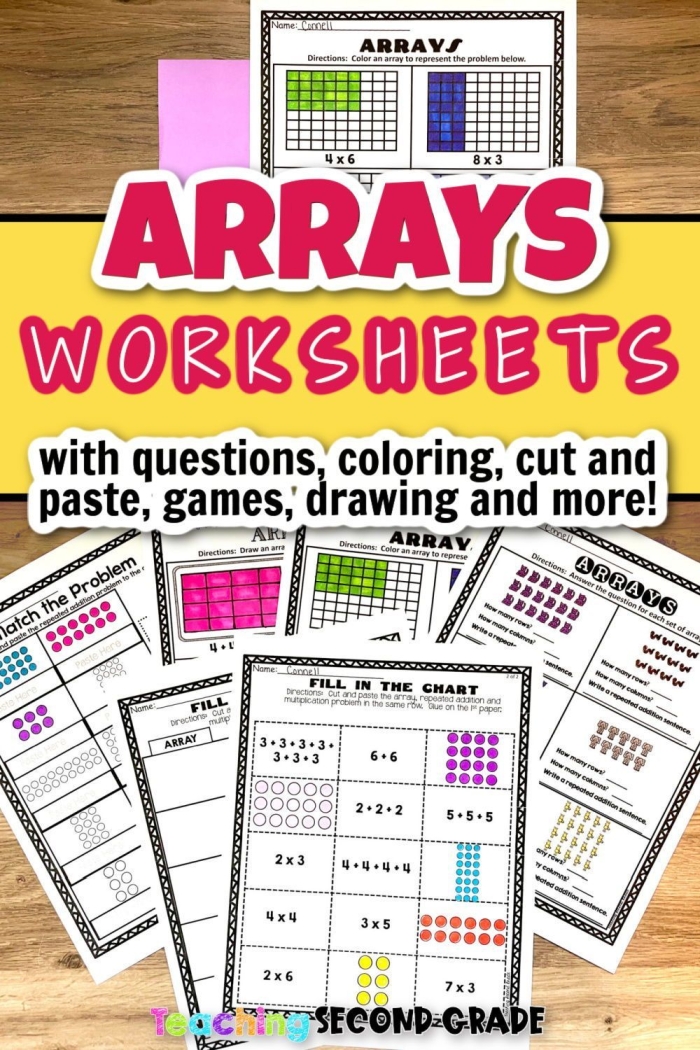 Array matching exercise showing rows and columns of objects with multiplication equations for third grade place value practice