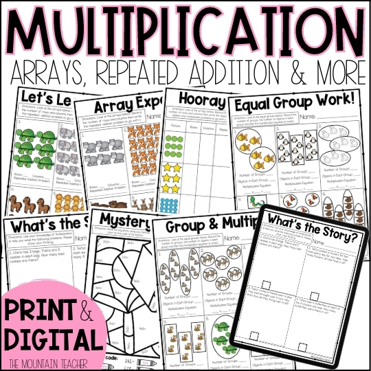 Third grade place value worksheet showing multiple choice arrays matched to equations for learning multiplication concepts