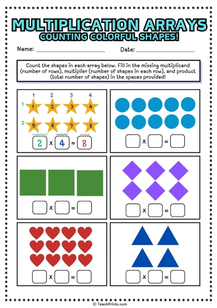 Third grade place value worksheet showing arrays matched to multiplication equations for learning groups of objects