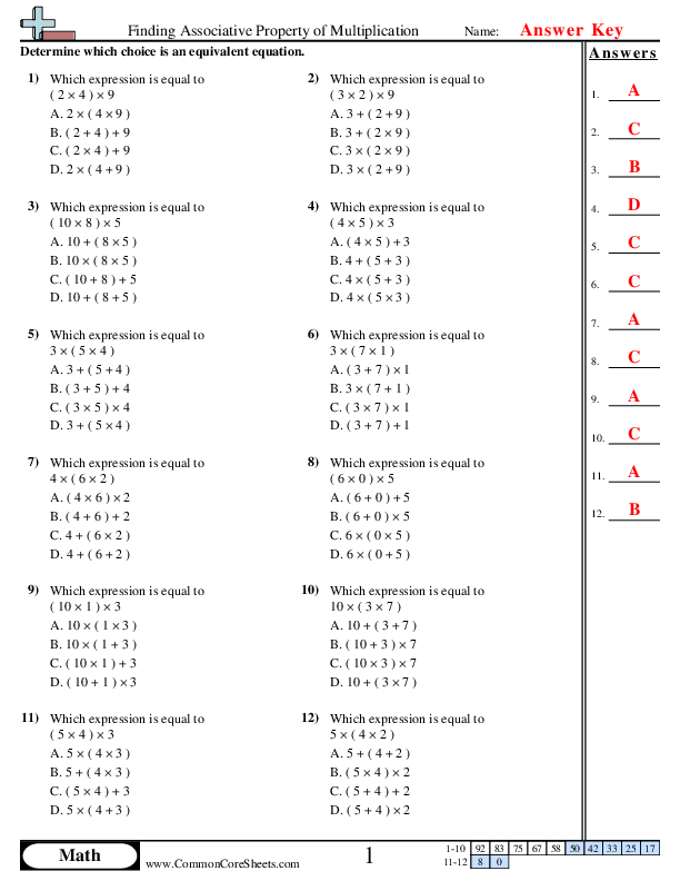 Worksheet illustrating the associative property of multiplication for third graders