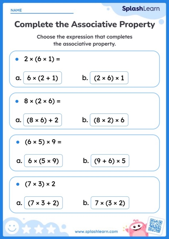 Colorful worksheet illustrating the associative property of multiplication for third graders