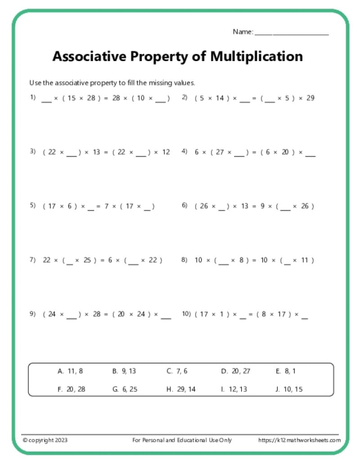 Worksheet showcasing the properties of multiplication with a focus on the associative property for third graders
