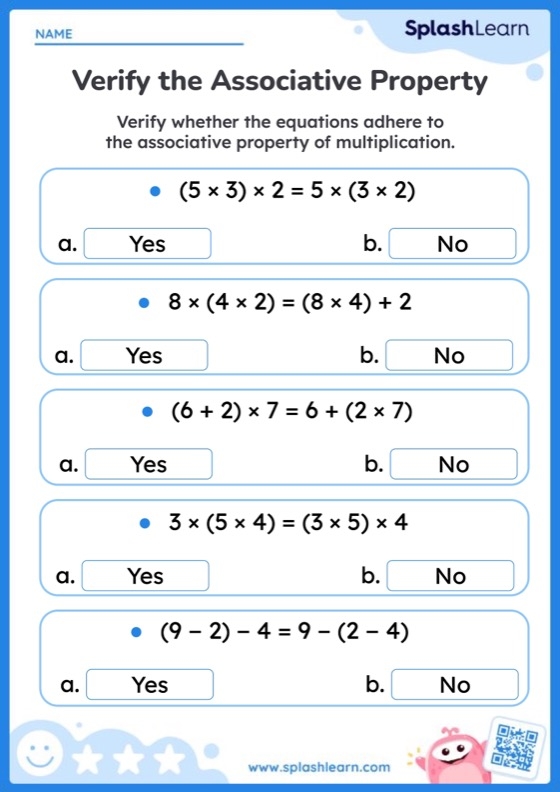 Worksheet illustrating the associative property of multiplication for third graders