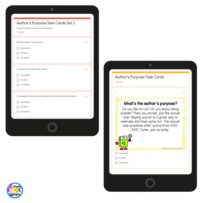 Third grade students analyzing text evidence on an author purpose task card worksheet