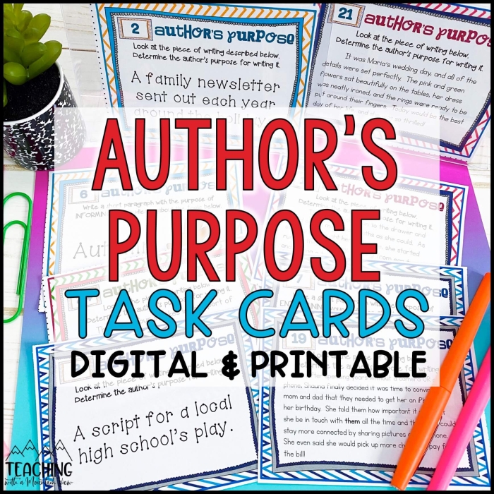 Author's Purpose Task Cards worksheet for third graders featuring sample paragraphs for analysis