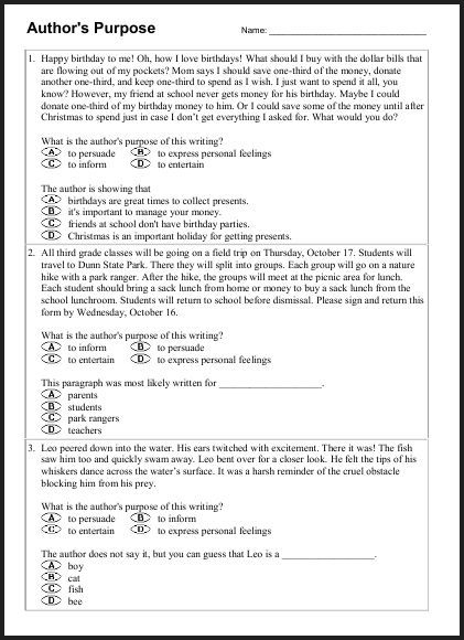 Author's Purpose Multiple Choice Worksheet for Third Grade Page 4 Third grade worksheet featuring a P-I-E mnemonic activity to help students practice identifying author's purpose